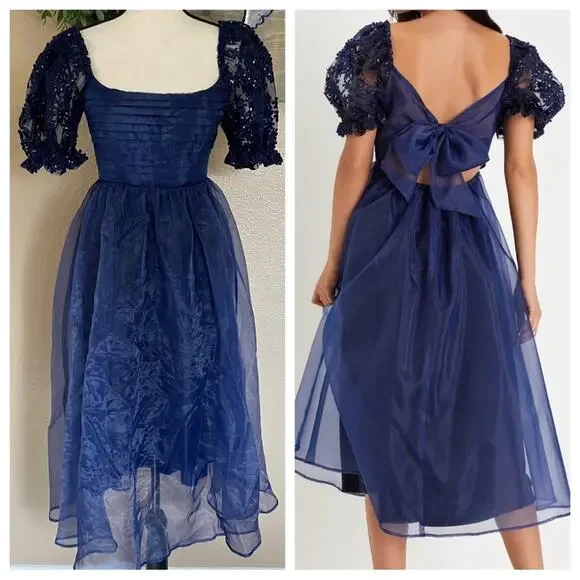 NWOT Lulus Significant Splendor Navy Organza Pleated Puff Sleeve Midi Dr… - Picture 1 of 11